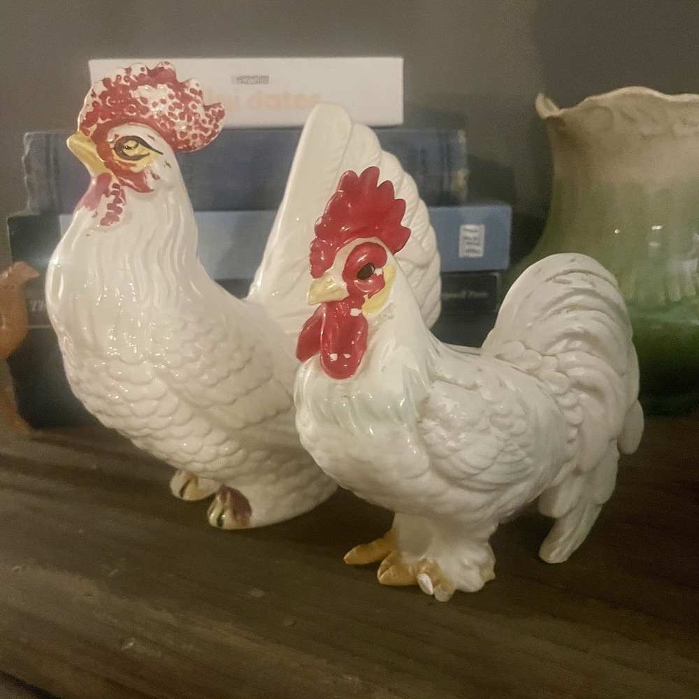 Vintage Chicken Rooster White Ceramic Made in Japan Hand Painted Set Of 2